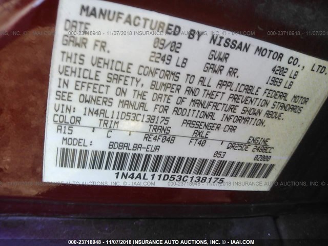 1N4AL11D53C138175 - 2003 NISSAN ALTIMA S/SL RED photo 9