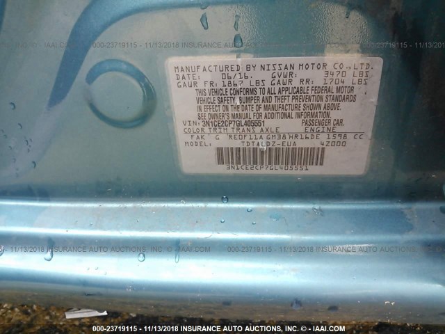 3N1CE2CP7GL405551 - 2016 NISSAN VERSA NOTE S/S PLUS/SV/SL/SR TEAL photo 9