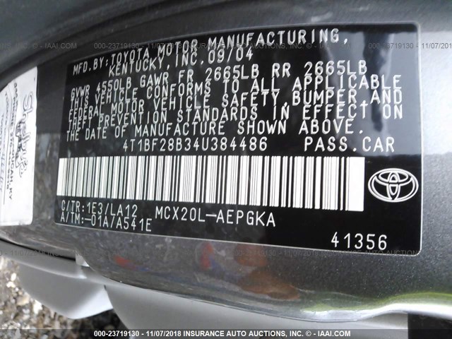 4T1BF28B34U384486 - 2004 TOYOTA AVALON XL/XLS GRAY photo 9