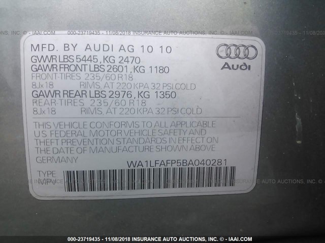 WA1LFAFP5BA040281 - 2011 AUDI Q5 PREMIUM PLUS BLUE photo 9