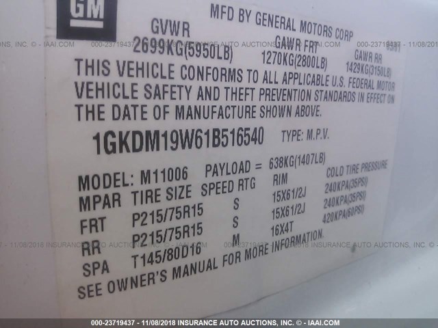 1GKDM19W61B516540 - 2001 GMC SAFARI XT WHITE photo 9