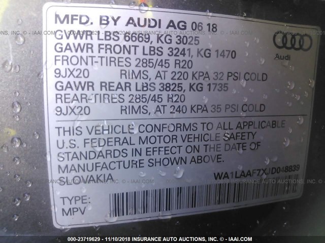 WA1LAAF7XJD048839 - 2018 AUDI Q7 PREMIUM PLUS GRAY photo 9