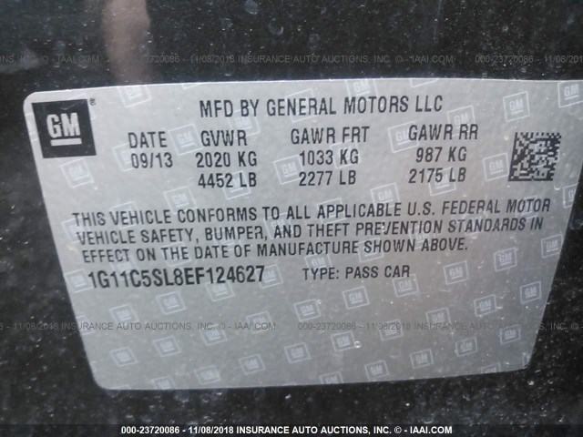 1G11C5SL8EF124627 - 2014 CHEVROLET MALIBU 1LT BLACK photo 9