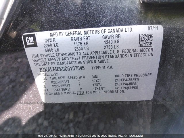 2GKALMEK0C6107045 - 2012 GMC TERRAIN SLE BLACK photo 9