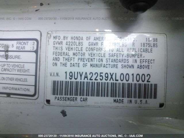 19UYA2259XL001002 - 1999 ACURA 3.0CL WHITE photo 9