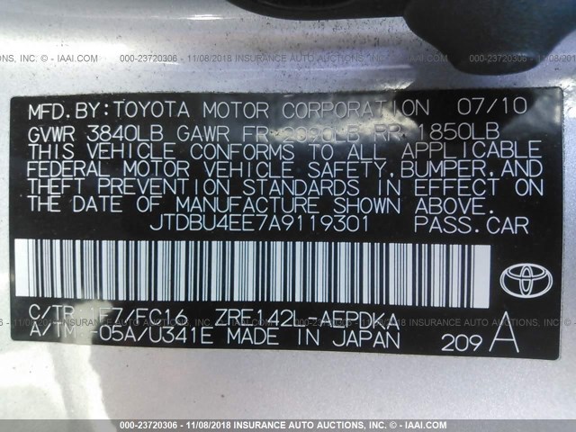 JTDBU4EE7A9119301 - 2010 TOYOTA COROLLA S/LE/XLE SILVER photo 9