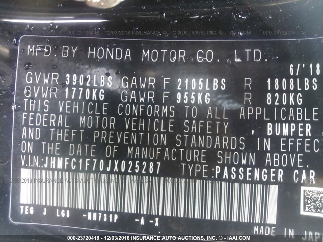 JHMFC1F70JX025287 - 2018 HONDA CIVIC EXL BLACK photo 9