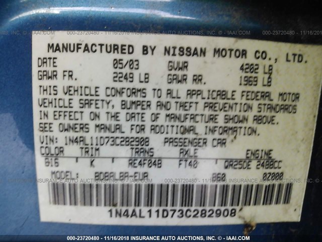 1N4AL11D73C282908 - 2003 NISSAN ALTIMA S/SL BLUE photo 9