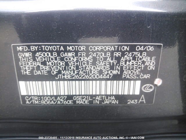 JTHBE262262004447 - 2006 LEXUS IS 350 BLACK photo 9