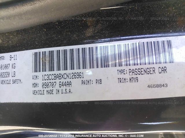 1C3CCBABXCN126961 - 2012 CHRYSLER 200 LX BLACK photo 9