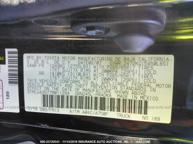 3TMLU42N77M011294 - 2007 TOYOTA TACOMA DOUBLE CAB 黑色 照片 9