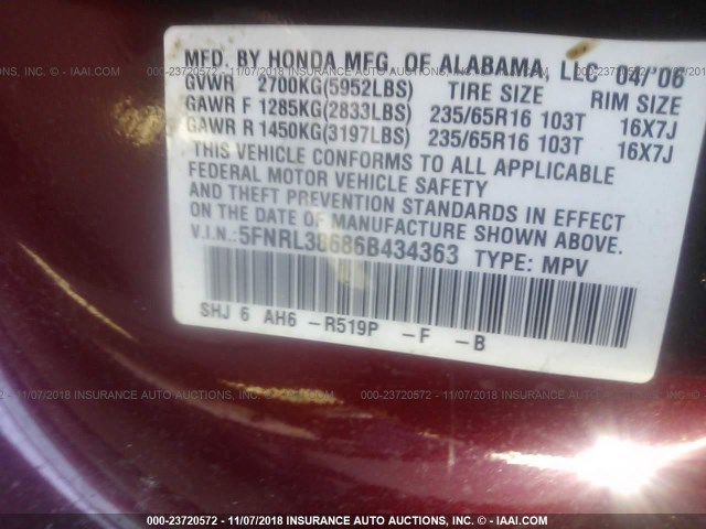 5FNRL38686B434363 - 2006 HONDA ODYSSEY EXL RED photo 9