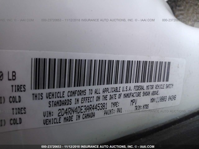 2D4RN4DE3AR445381 - 2010 DODGE GRAND CARAVAN SE WHITE photo 9