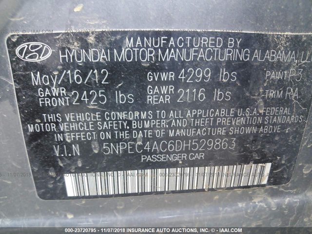 5NPEC4AC6DH529863 - 2013 HYUNDAI SONATA SE/LIMITED GRAY photo 9