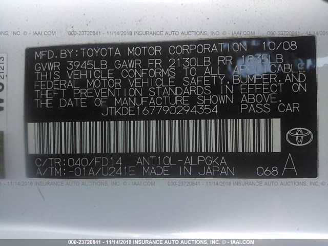 JTKDE167790294354 - 2009 TOYOTA SCION TC 白色 照片 9
