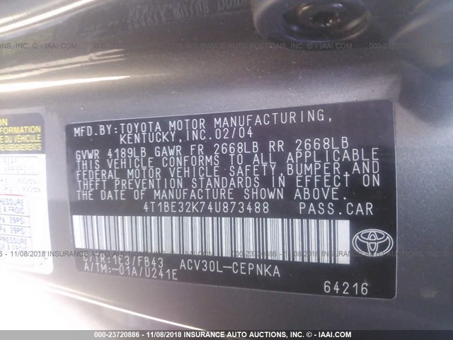 4T1BE32K74U873488 - 2004 TOYOTA CAMRY LE/XLE/SE GOLD photo 9