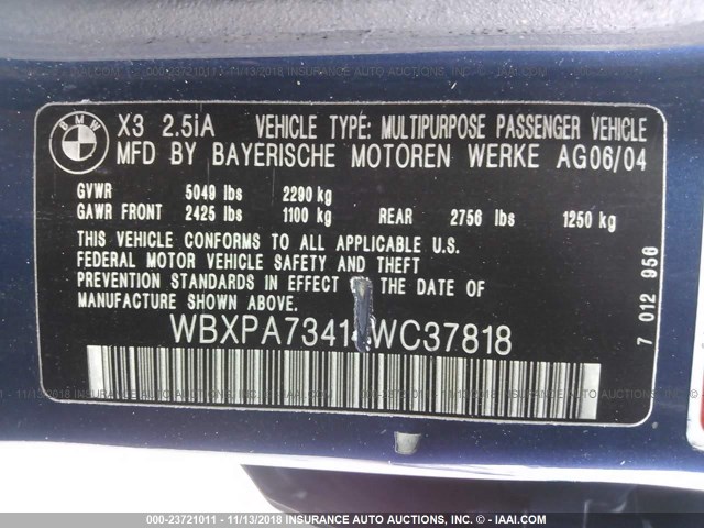 WBXPA73414WC37818 - 2004 BMW X3 2.5I BLUE photo 9
