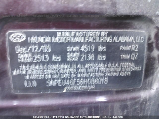 5NPEU46F56H088018 - 2006 HYUNDAI SONATA GLS/LX PURPLE photo 9