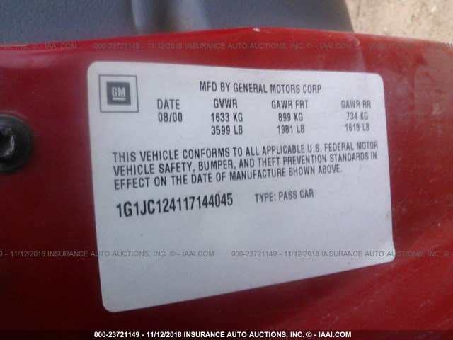 1G1JC124117144045 - 2001 CHEVROLET CAVALIER RED photo 9