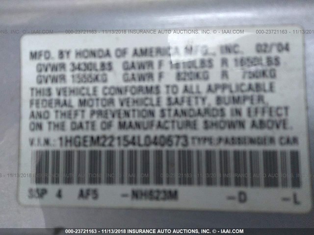 1HGEM22154L040673 - 2004 HONDA CIVIC DX VP SILVER photo 9