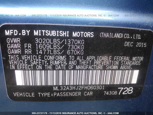 ML32A3HJ2FH060301 - 2015 MITSUBISHI MIRAGE DE BLUE photo 9