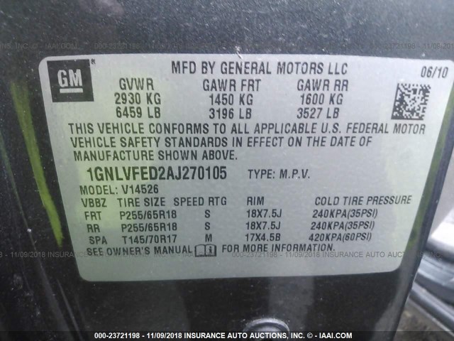 1GNLVFED2AJ270105 - 2010 CHEVROLET TRAVERSE LT BLACK photo 9