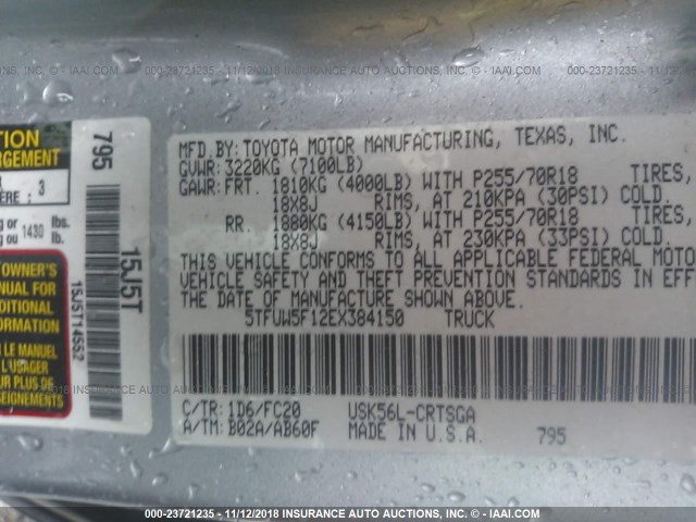 5TFUW5F12EX384150 - 2014 TOYOTA TUNDRA DOUBLE CAB SR/SR5 SILVER photo 9