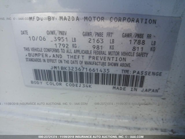 JM1BK323671661435 - 2007 MAZDA 3 S WHITE photo 9