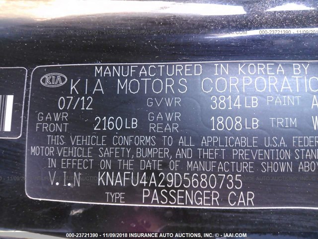 KNAFU4A29D5680735 - 2013 KIA FORTE EX BLACK photo 9