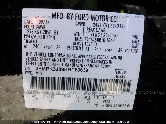 2FMPK3J89HBC63639 - 2017 FORD EDGE SEL BLACK photo 9