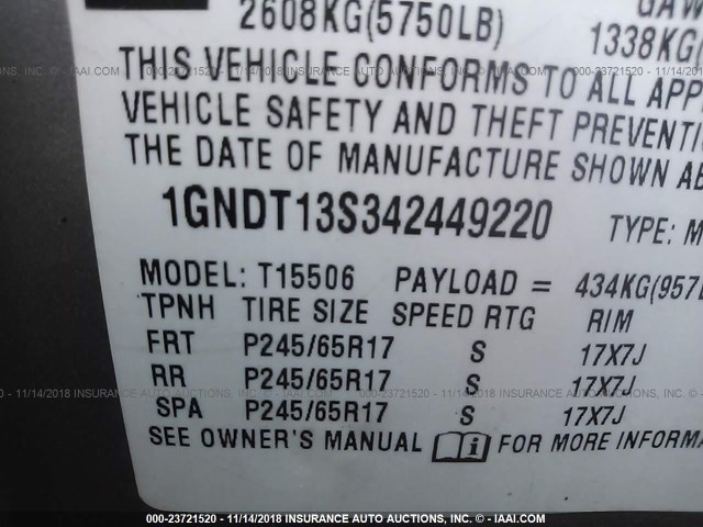 1GNDT13S342449220 - 2004 CHEVROLET TRAILBLAZER LS/LT SILVER photo 9