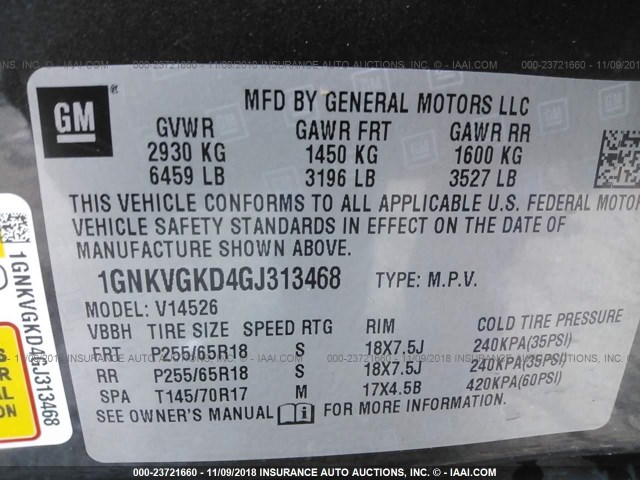 1GNKVGKD4GJ313468 - 2016 CHEVROLET TRAVERSE LT GRAY photo 9