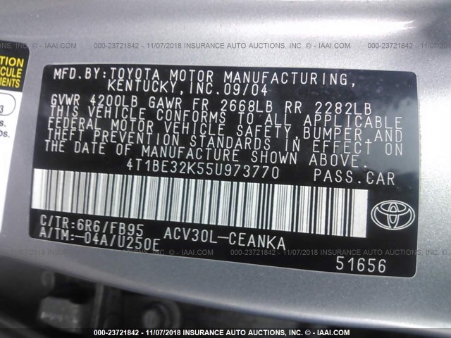 4T1BE32K55U973770 - 2005 TOYOTA CAMRY LE/XLE/SE SILVER photo 9