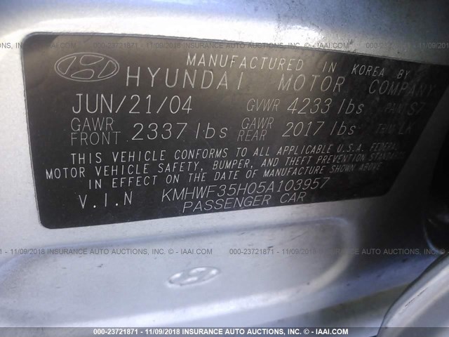 KMHWF35H05A103957 - 2005 HYUNDAI SONATA GLS/LX SILVER photo 9