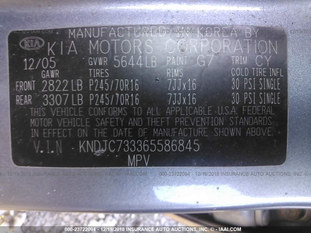 KNDJC733365586845 - 2006 KIA SORENTO EX/LX SILVER photo 9