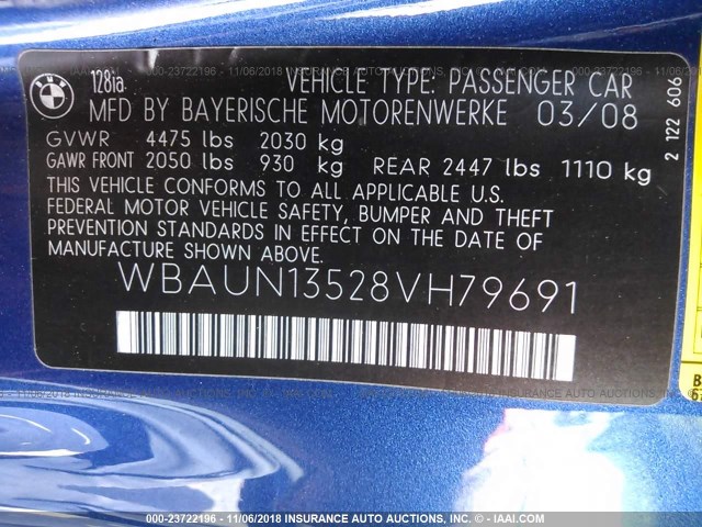 WBAUN13528VH79691 - 2008 BMW 128 I BLUE photo 9