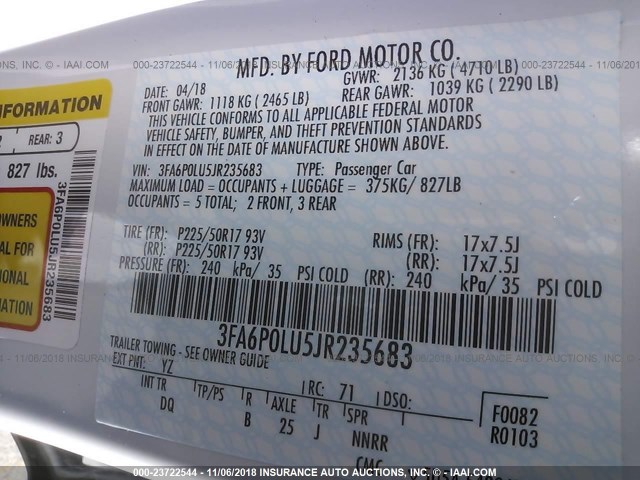 3FA6P0LU5JR235683 - 2018 FORD FUSION SE HYBRID WHITE photo 9