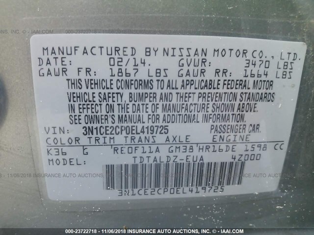 3N1CE2CP0EL419725 - 2014 NISSAN VERSA NOTE S/S PLUS/SV/SL GRAY photo 9