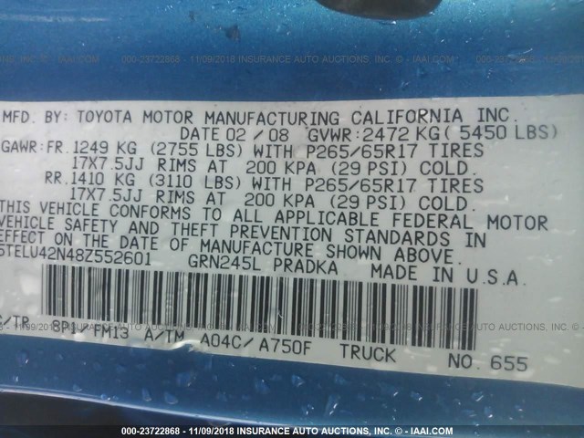 5TELU42N48Z552601 - 2008 TOYOTA TACOMA DOUBLE CAB 蓝色 照片 9