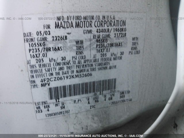 4F2CZ06193KM52606 - 2003 MAZDA TRIBUTE ES WHITE photo 9