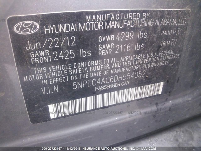 5NPEC4AC6DH554052 - 2013 HYUNDAI SONATA SE/LIMITED SILVER photo 9