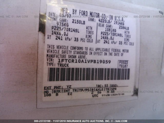 1FTCR10A1VPB19059 - 1997 FORD RANGER WHITE photo 9