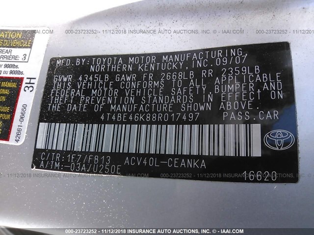 4T4BE46K88R017497 - 2008 TOYOTA CAMRY CE/LE/XLE/SE SILVER photo 9