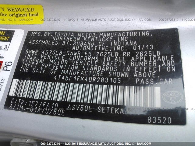4T4BF1FK4DR283105 - 2013 TOYOTA CAMRY L/SE/LE/XLE SILVER photo 9
