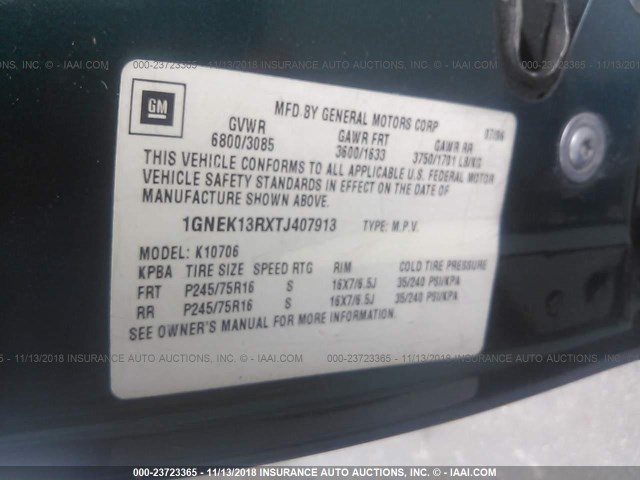 1GNEK13RXTJ407913 - 1996 CHEVROLET TAHOE K1500 GREEN photo 9