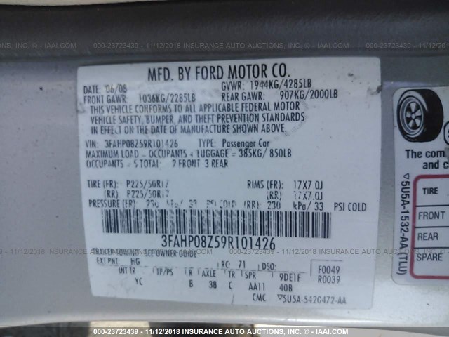 3FAHP08Z59R101426 - 2009 FORD FUSION SEL SILVER photo 9