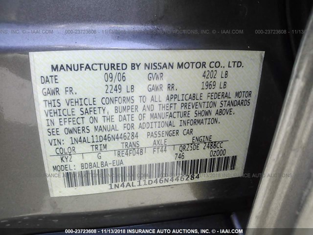 1N4AL11D46N446284 - 2006 NISSAN ALTIMA S/SL GOLD photo 9