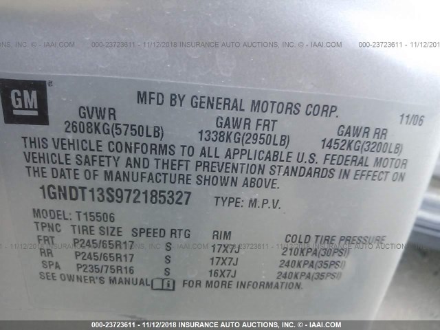 1GNDT13S972185327 - 2007 CHEVROLET TRAILBLAZER LS/LT SILVER photo 9