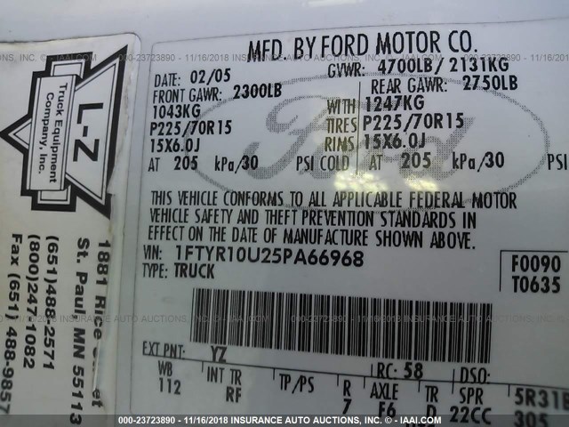 1FTYR10U25PA66968 - 2005 FORD RANGER WHITE photo 9