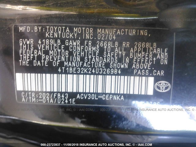4T1BE32K24U326984 - 2004 TOYOTA CAMRY LE/XLE/SE BLACK photo 9